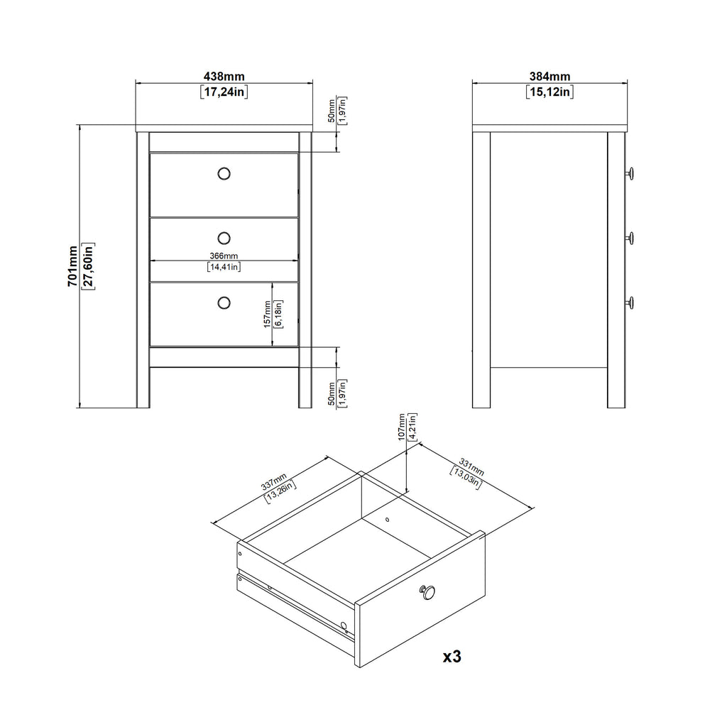 Maria Bedside Table 3 Drawers in White
