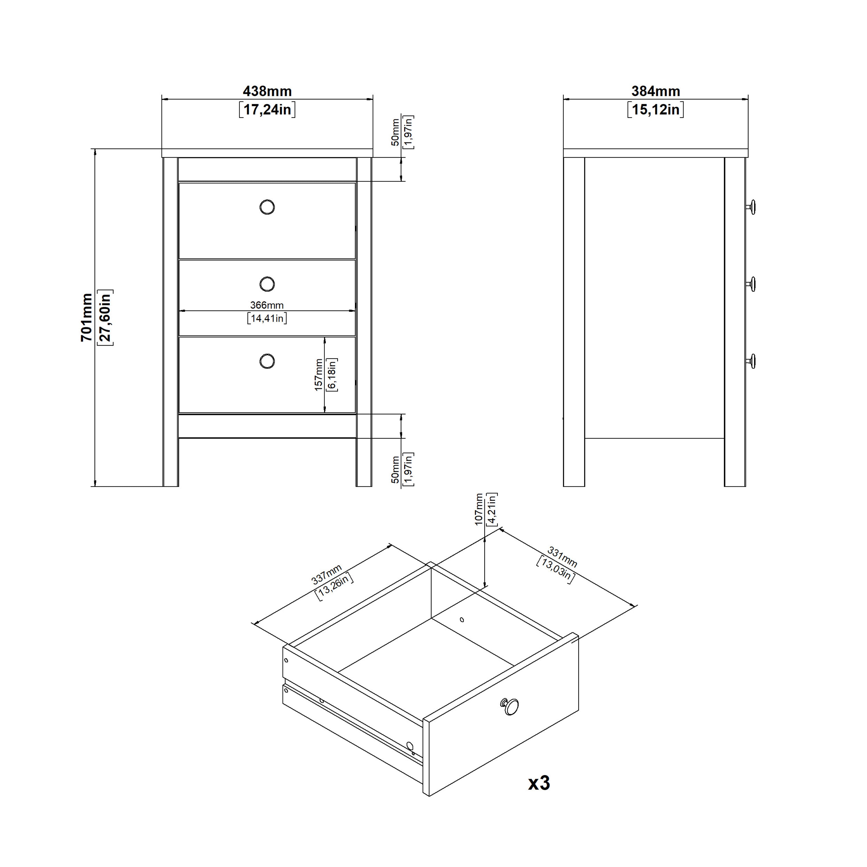 Maria Bedside Table 3 Drawers in Matt Black