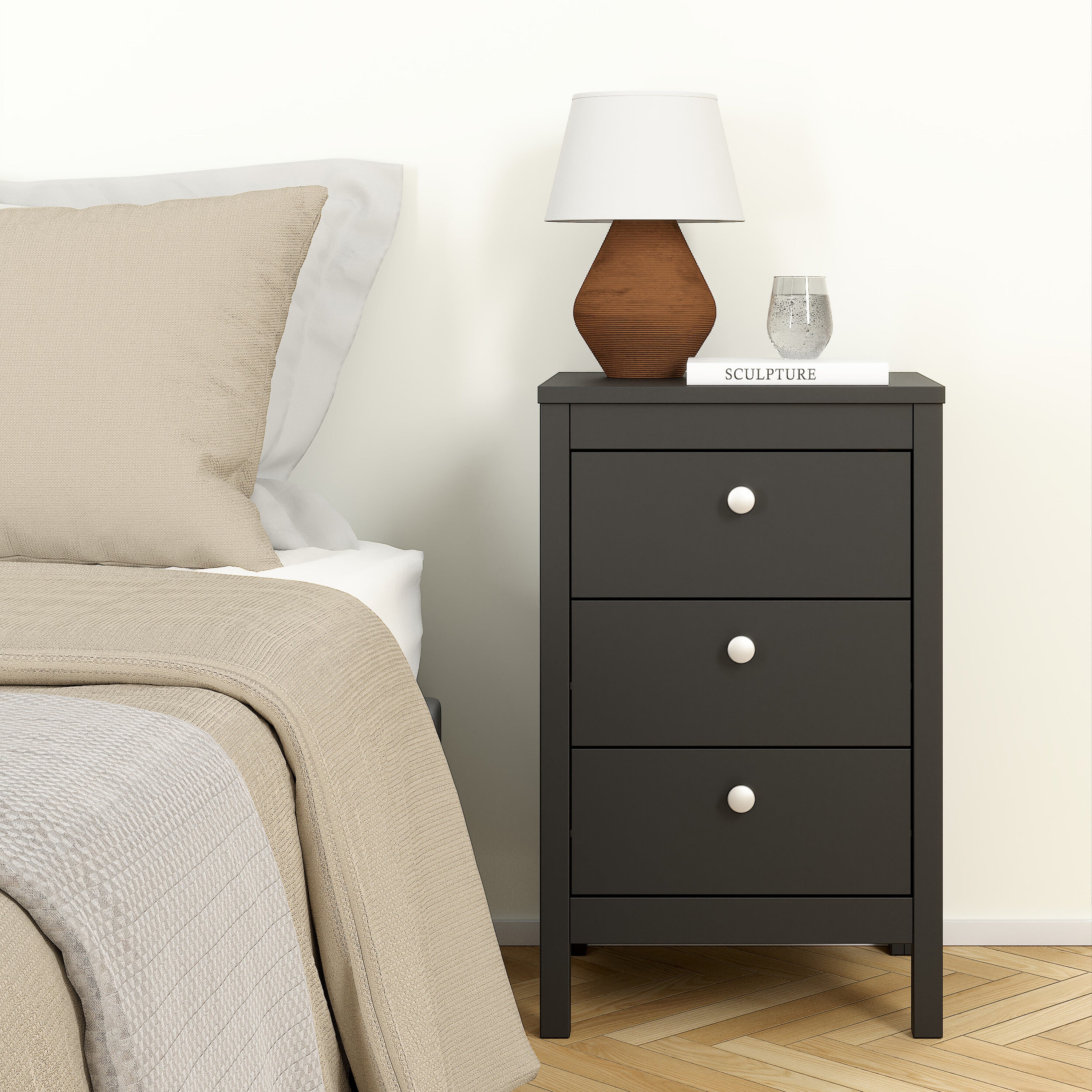 Maria Bedside Table 3 Drawers in Matt Black
