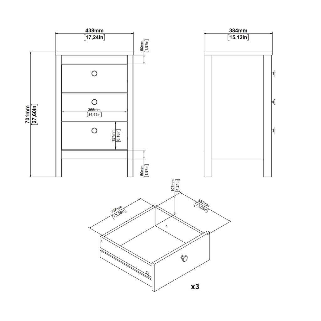 Maria Bedside Table 3 Drawers in Jackson Hickory Oak