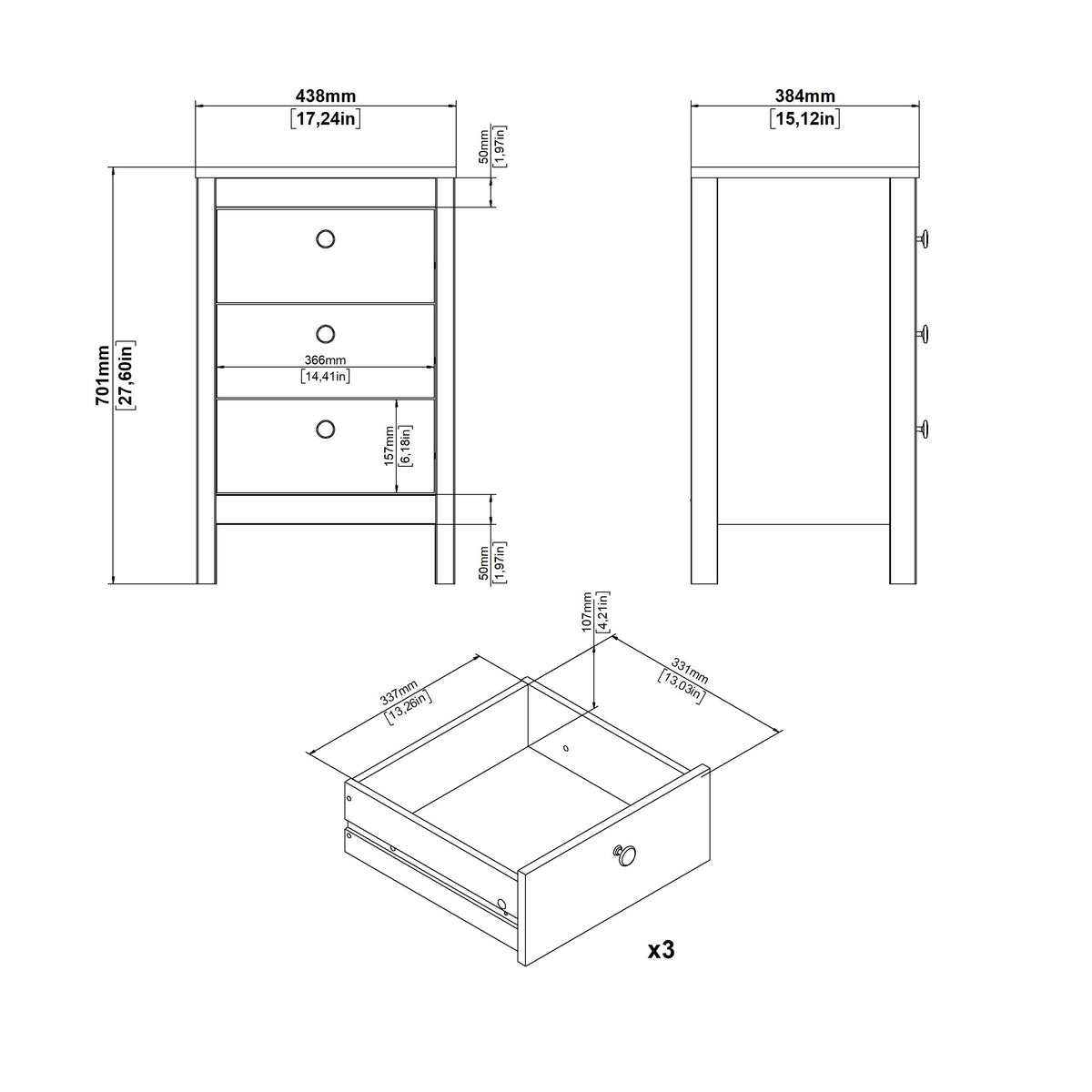 Maria Bedside Table 3 Drawers in Cashmere