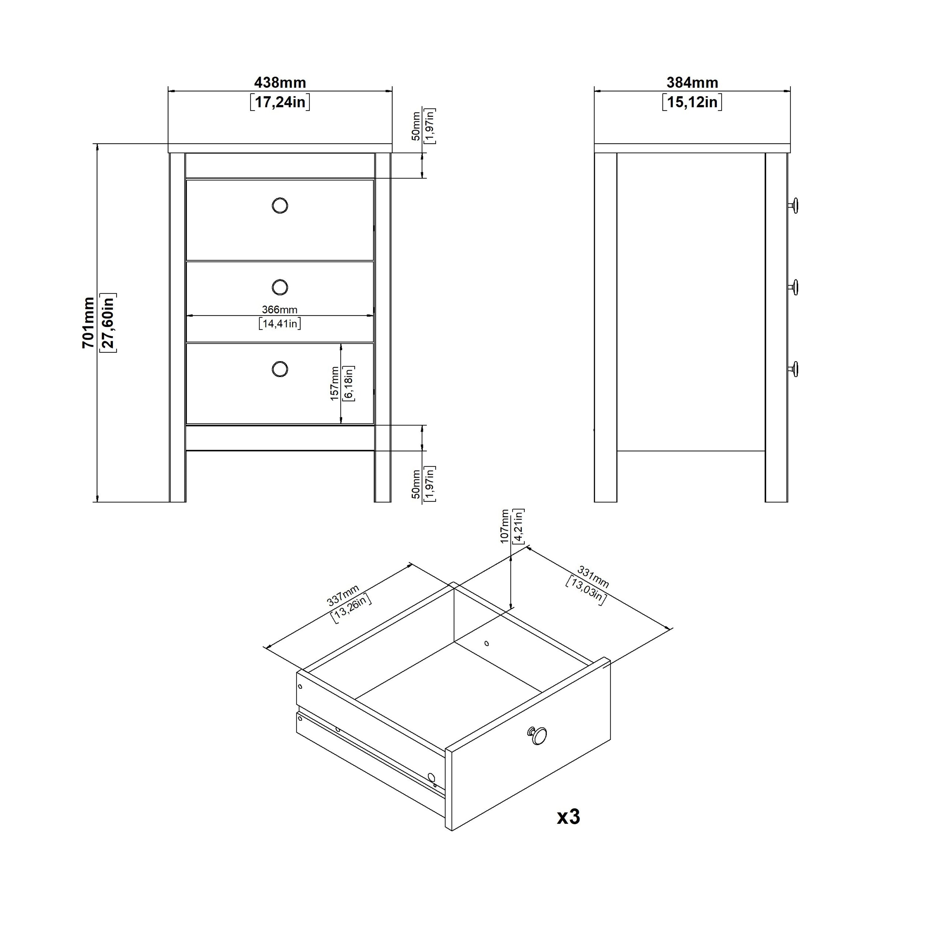 Maria Bedside Table 3 Drawers in Cashmere