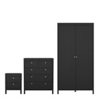 Maria Bedroom Trio - Bedside Table 2 Drawers + Chest 3+2 Drawers + Wardrobe with 2 Doors in Matt Black