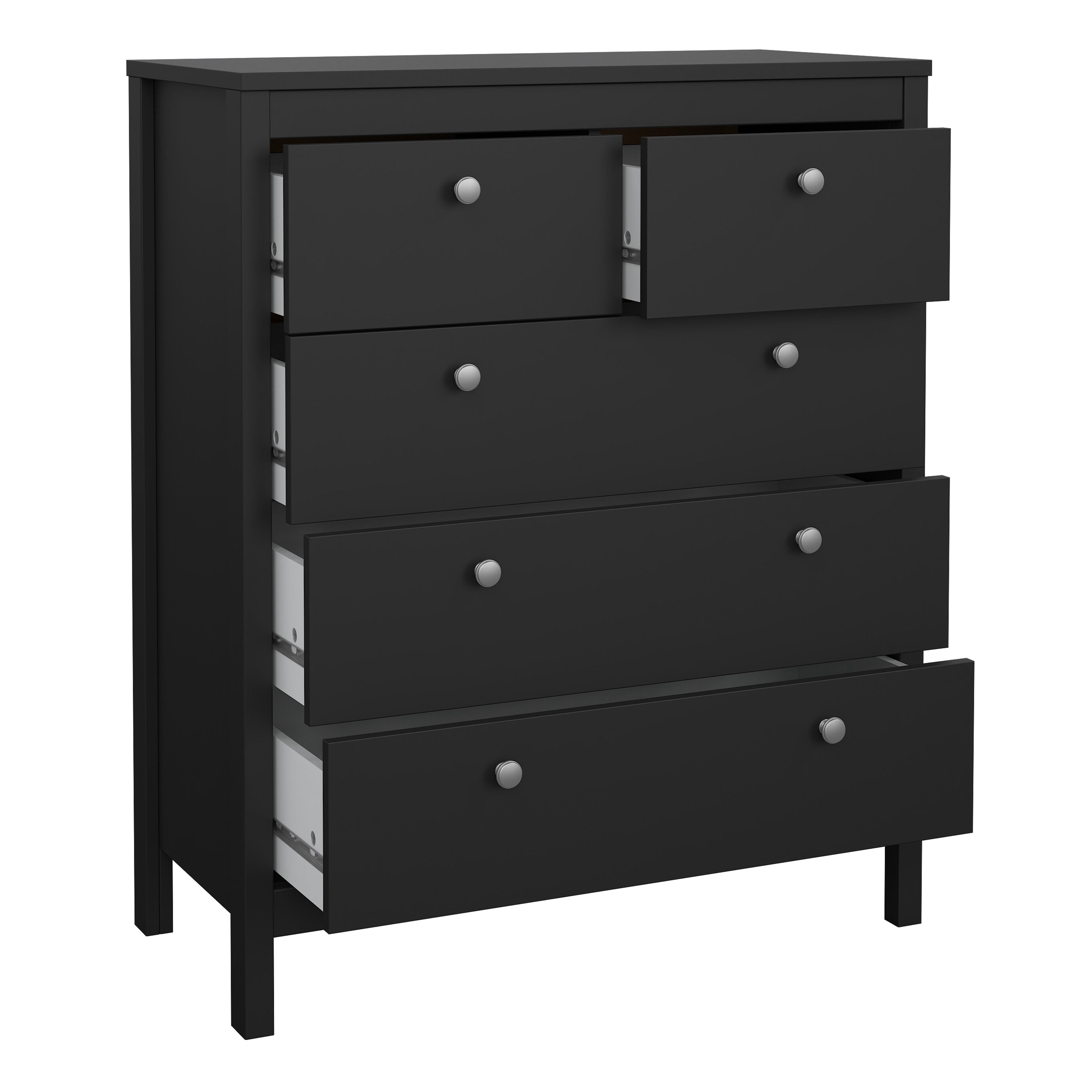 Maria Bedroom Trio - Bedside Table 2 Drawers + Chest 3+2 Drawers + Wardrobe with 2 Doors in Matt Black