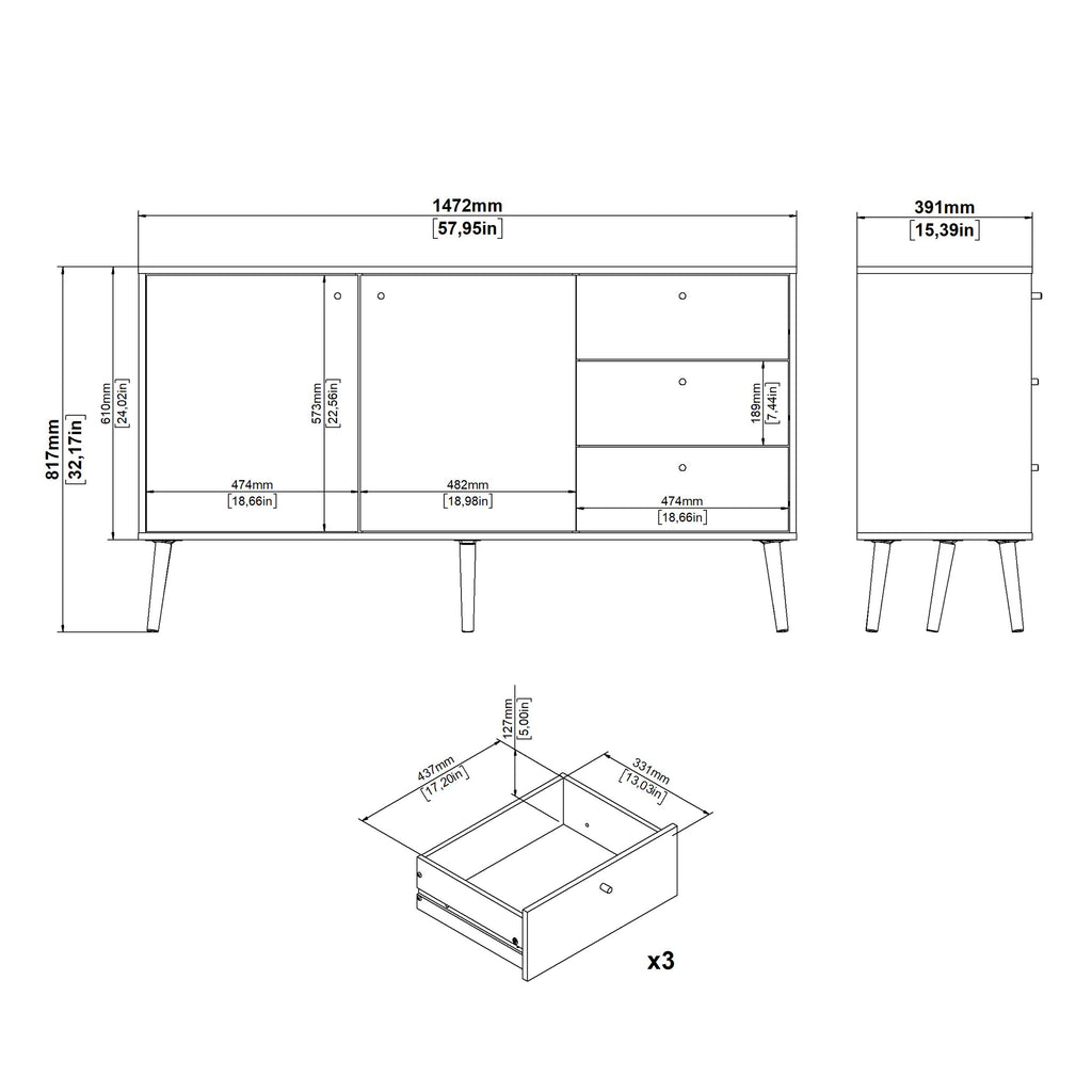 Carlisle Sideboard 2 Doors + 3 Drawers White