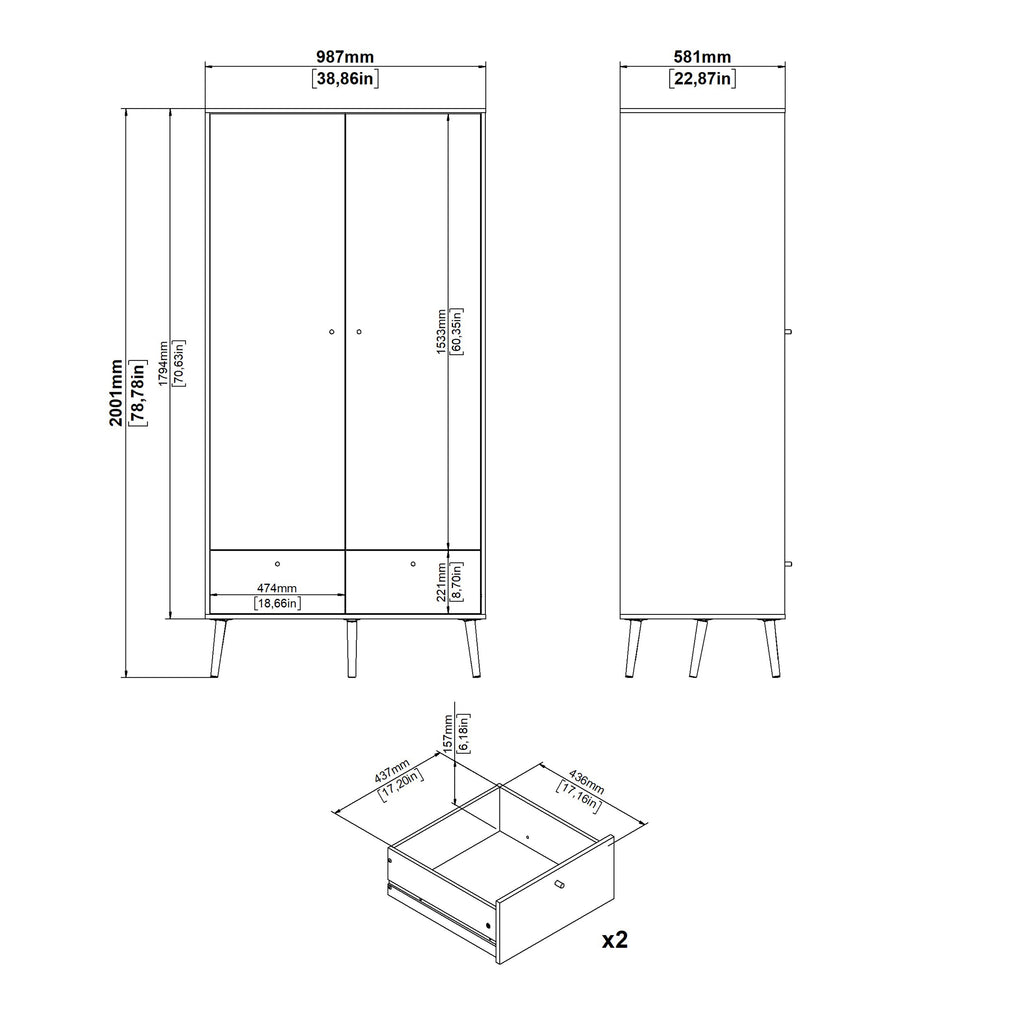 Carlisle Wardrobe with 2 Doors + 2 Drawers White