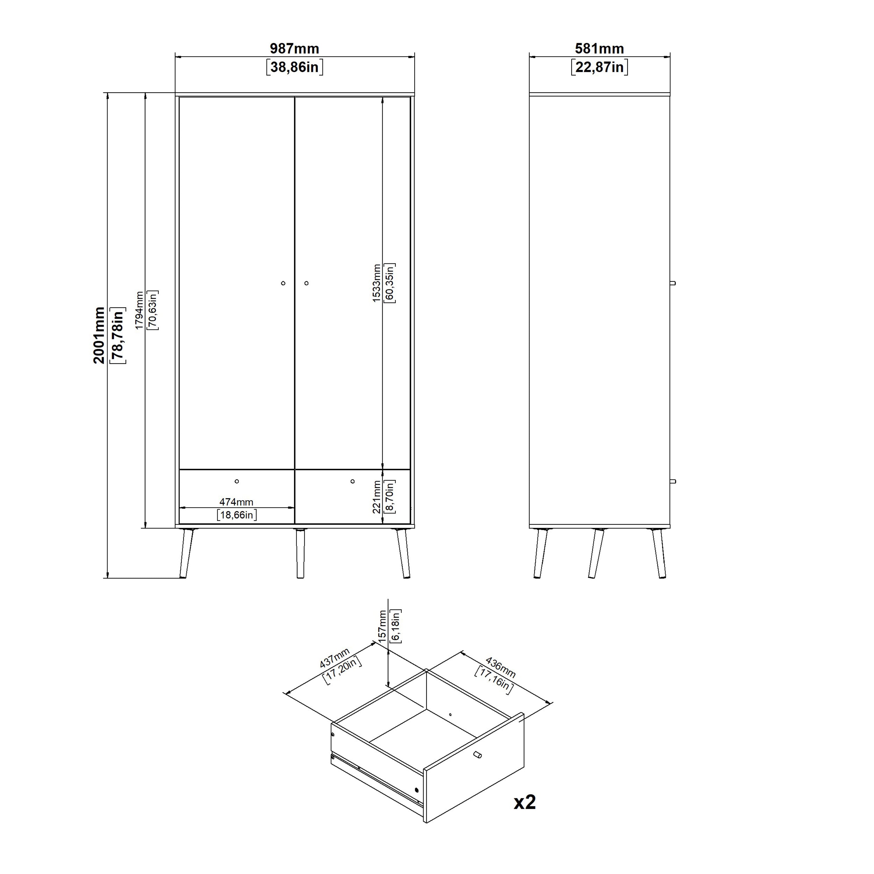 Carlisle Wardrobe with 2 Doors + 2 Drawers White
