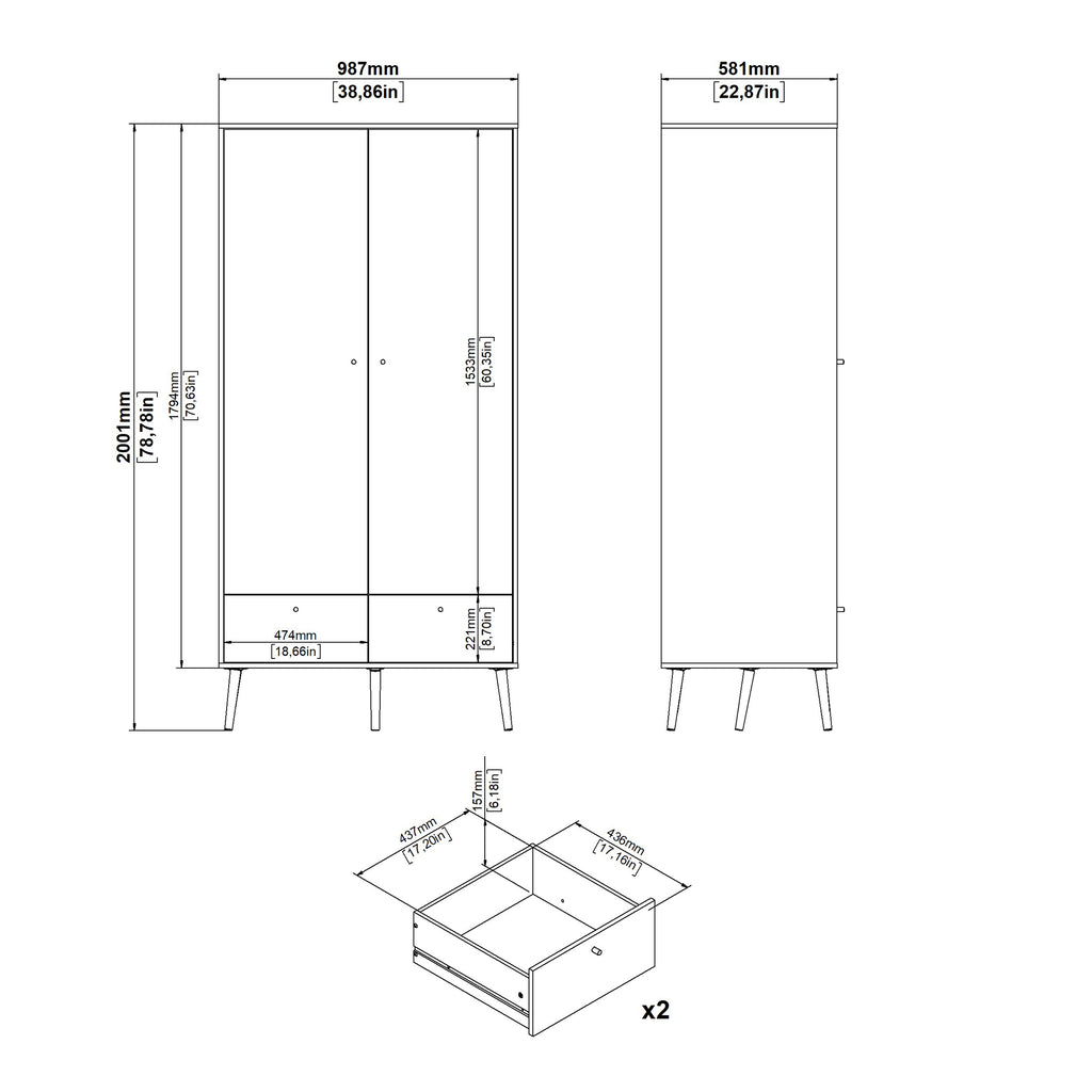 Carlisle 2 Doors 2 Drawer Wardrobe Dark Grey