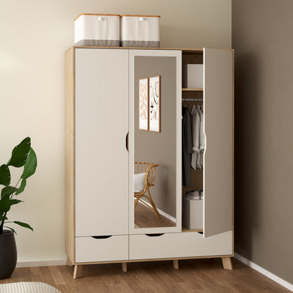 Isla Wardrobe 3 Doors and 2 Drawers with Mirror in Jackson Hickory and White