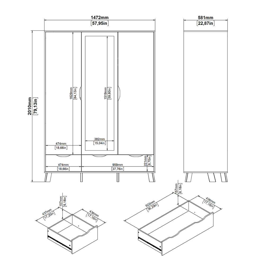 Isla Wardrobe 3 Doors and 2 Drawers with Mirror in Jackson Hickory and White