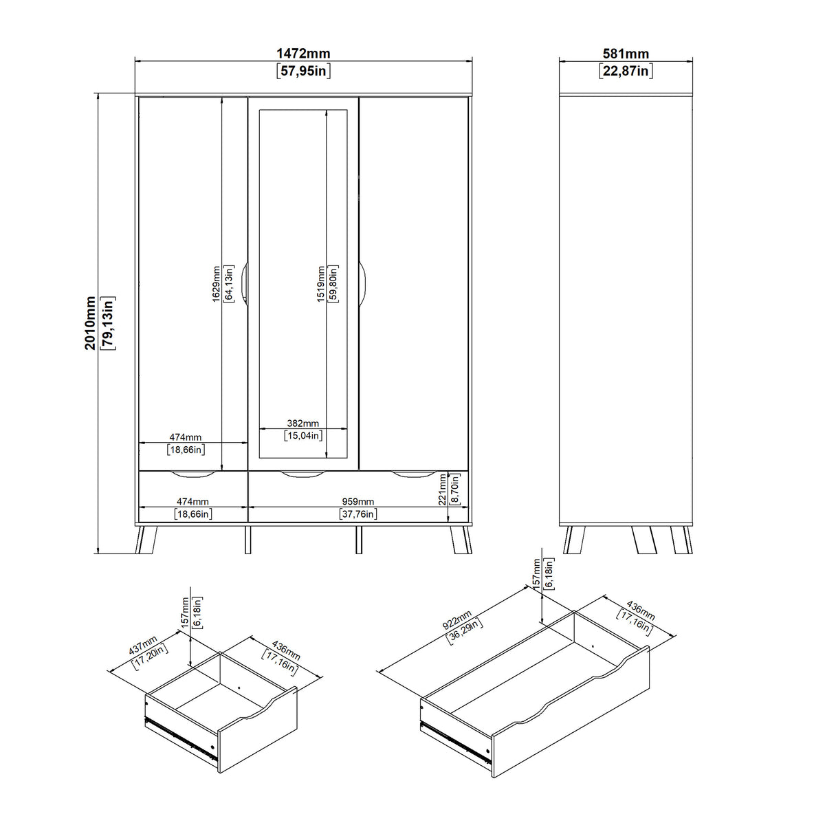 Isla Wardrobe 3 Doors and 2 Drawers with Mirror in Jackson Hickory and White