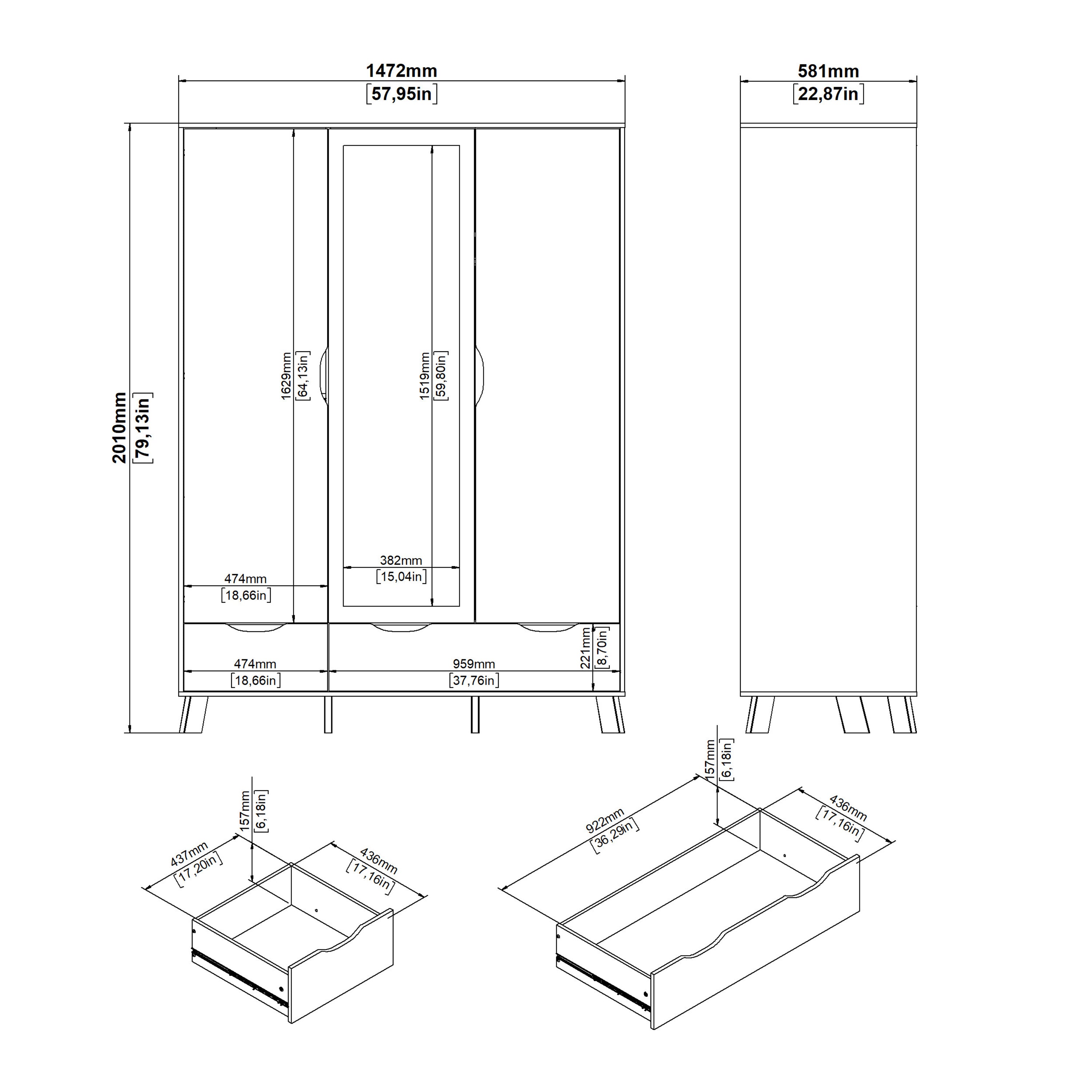 Isla Wardrobe 3 Doors and 2 Drawers with Mirror in Jackson Hickory and White