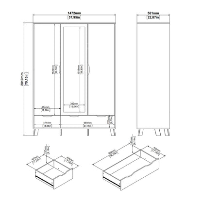 Isla Wardrobe 3 Doors and 2 Drawers with Mirror in Jackson Hickory and White