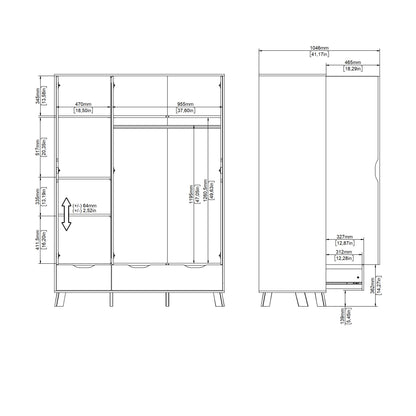 Isla Wardrobe 3 Doors and 2 Drawers with Mirror in Jackson Hickory and White