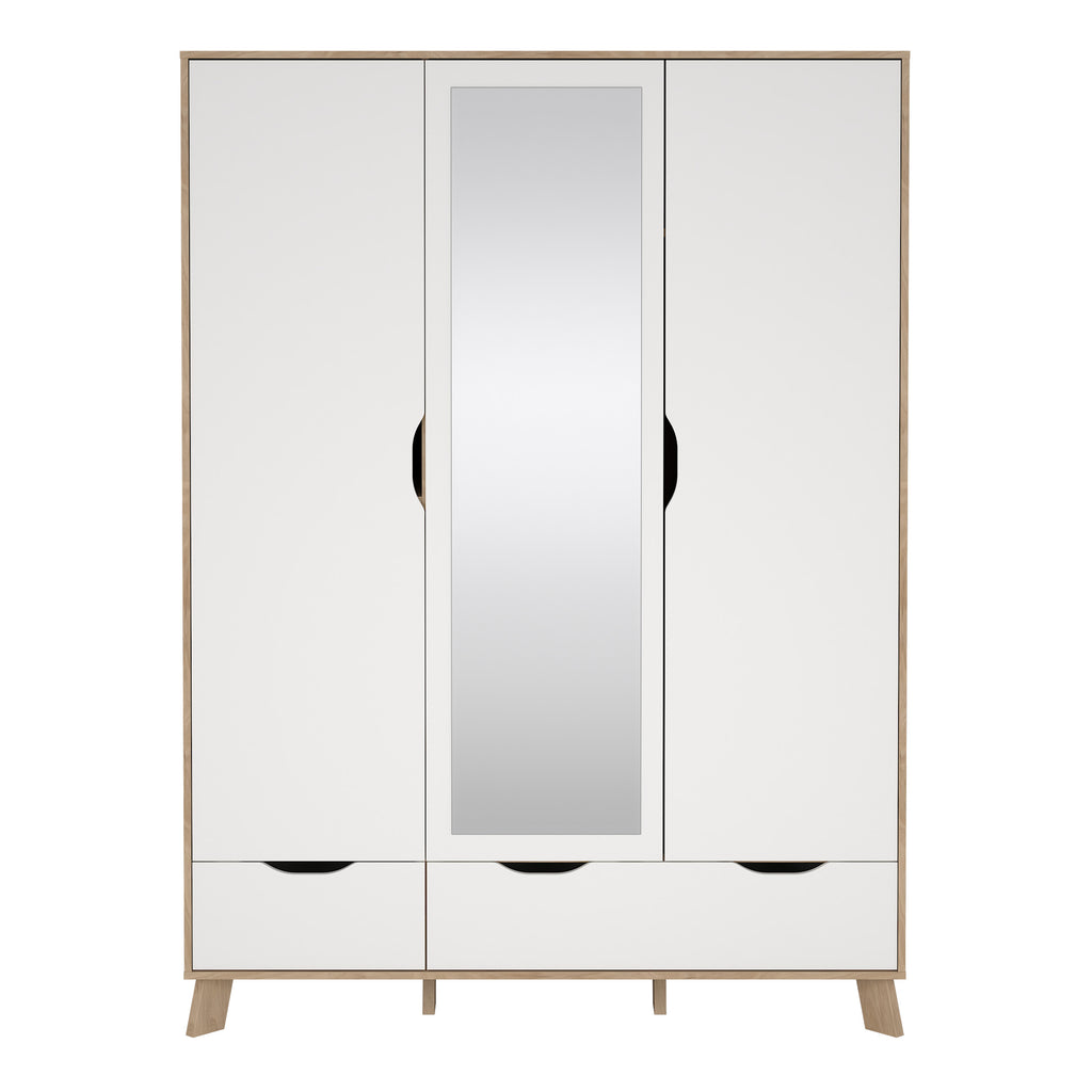 Isla Wardrobe 3 Doors and 2 Drawers with Mirror in Jackson Hickory and White
