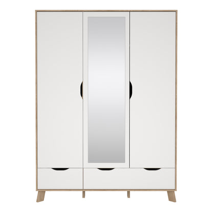 Isla Wardrobe 3 Doors and 2 Drawers with Mirror in Jackson Hickory and White