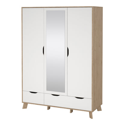 Isla Wardrobe 3 Doors and 2 Drawers with Mirror in Jackson Hickory and White