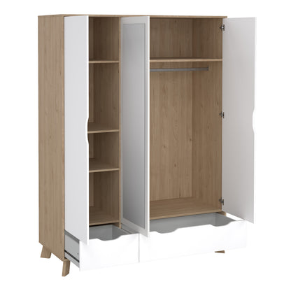 Isla Wardrobe 3 Doors and 2 Drawers with Mirror in Jackson Hickory and White