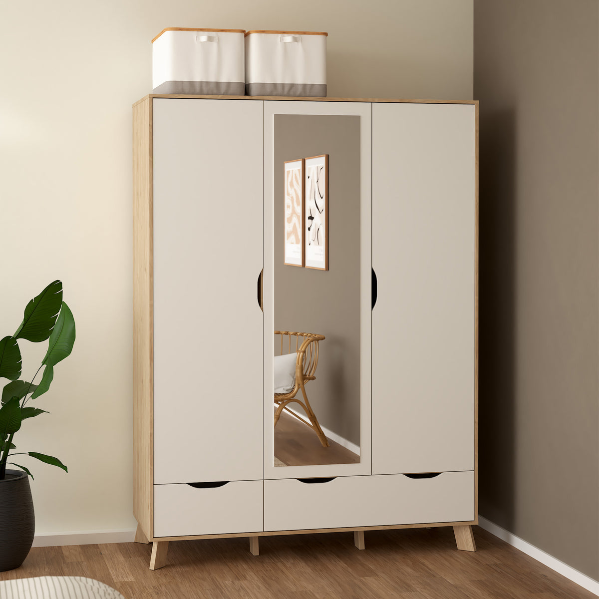 Isla Wardrobe 3 Doors and 2 Drawers with Mirror in Jackson Hickory and White