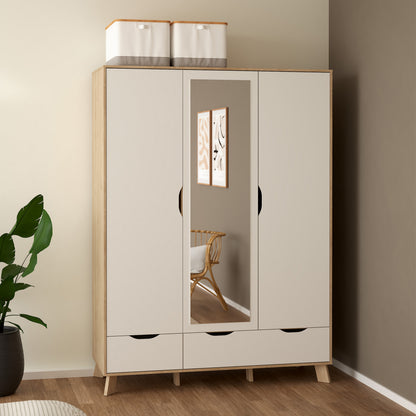 Isla Wardrobe 3 Doors and 2 Drawers with Mirror in Jackson Hickory and White