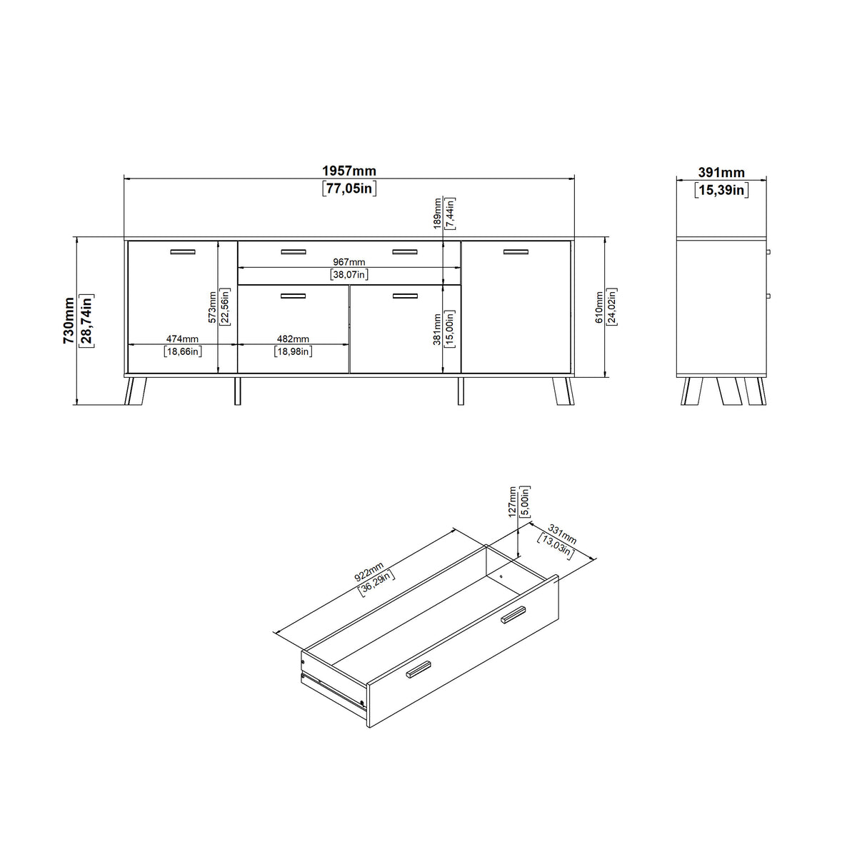 Isla Sideboard 4 Doors + 1 Drawer in Jackson Hickory and White