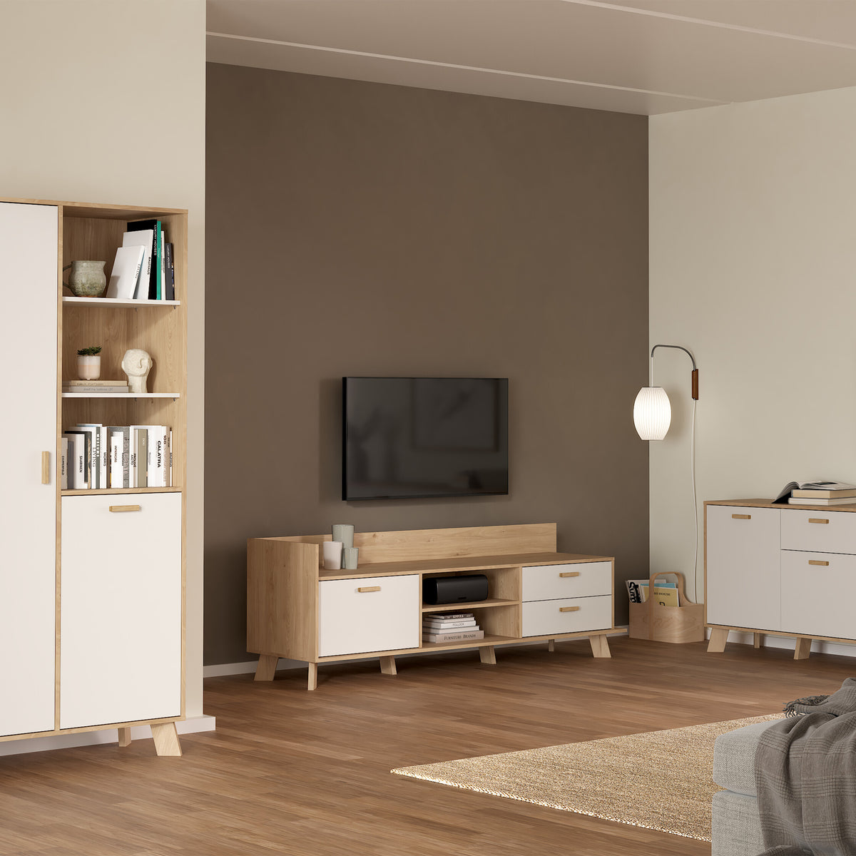 Isla TV-unit with 1 Door + 2 Drawers in Jackson Hickory and White