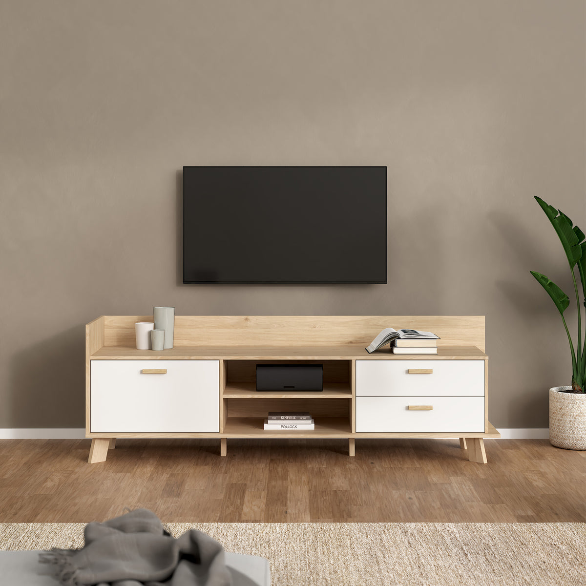 Isla TV-unit with 1 Door + 2 Drawers in Jackson Hickory and White
