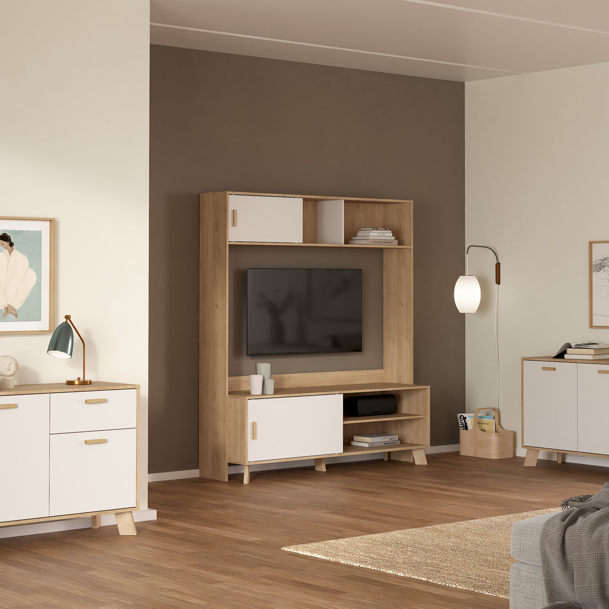 Isla TV-Wall Unit with 2 Sliding Doors in Jackson Hickory and White