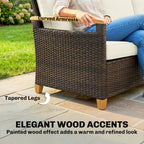 Outsunny 3 Seater Rattan Garden Sofa, PE Wicker Outdoor Sofa Wide Deep Seat, 4" Cushions, Wood-Effect Armrests Legs, Brown