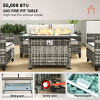 Outsunny 5-Piece Rattan Patio Furniture Set with Gas Fire Pit Table, Loveseat Sofa, Armchairs, Cushions, Pillows, Grey