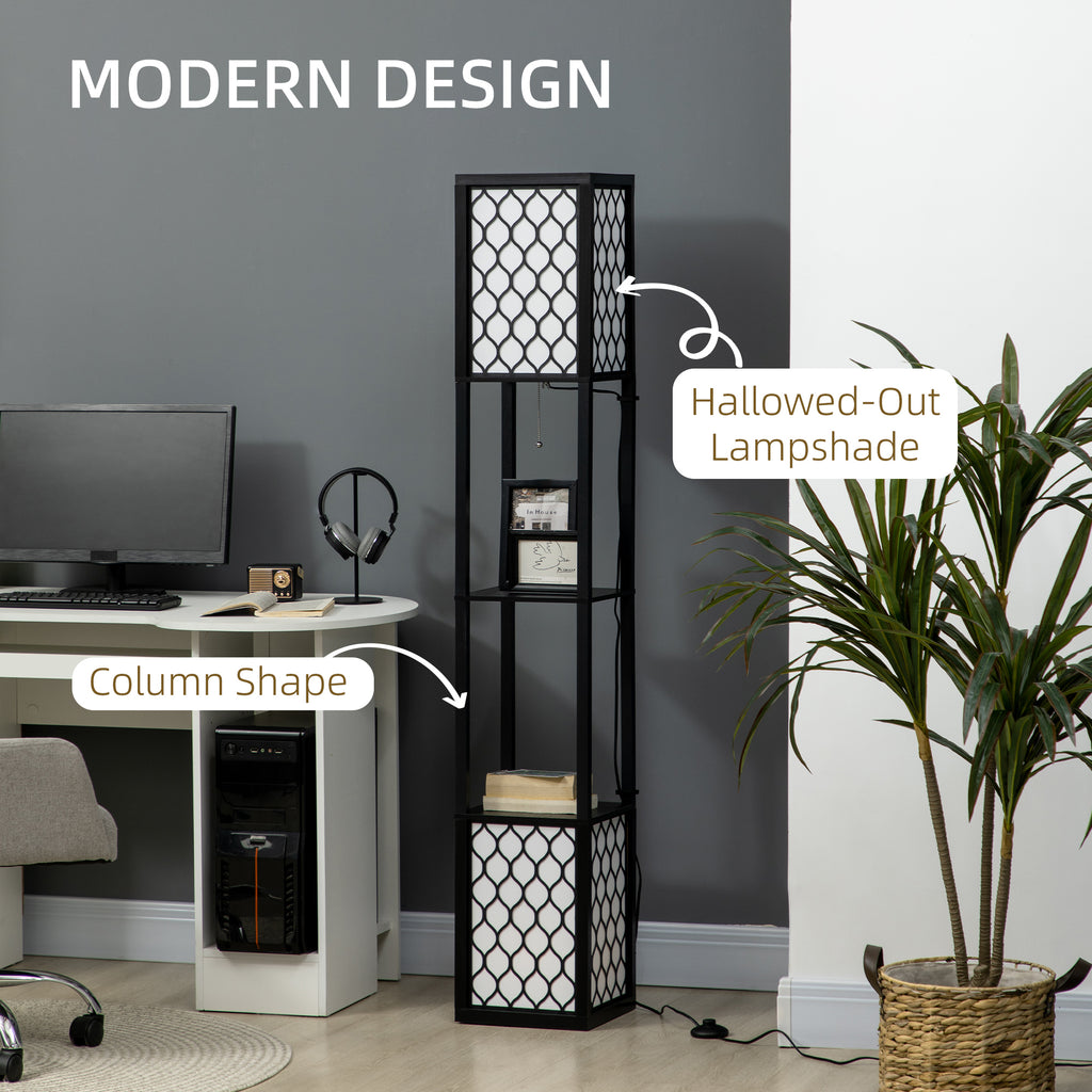 Floor Lamp with Shelves, Modern Tall Standing Lamps with Fabric Lampshade, Chain Switch and Dual Light for Living Room, Bedroom, Bulb not Included, Black