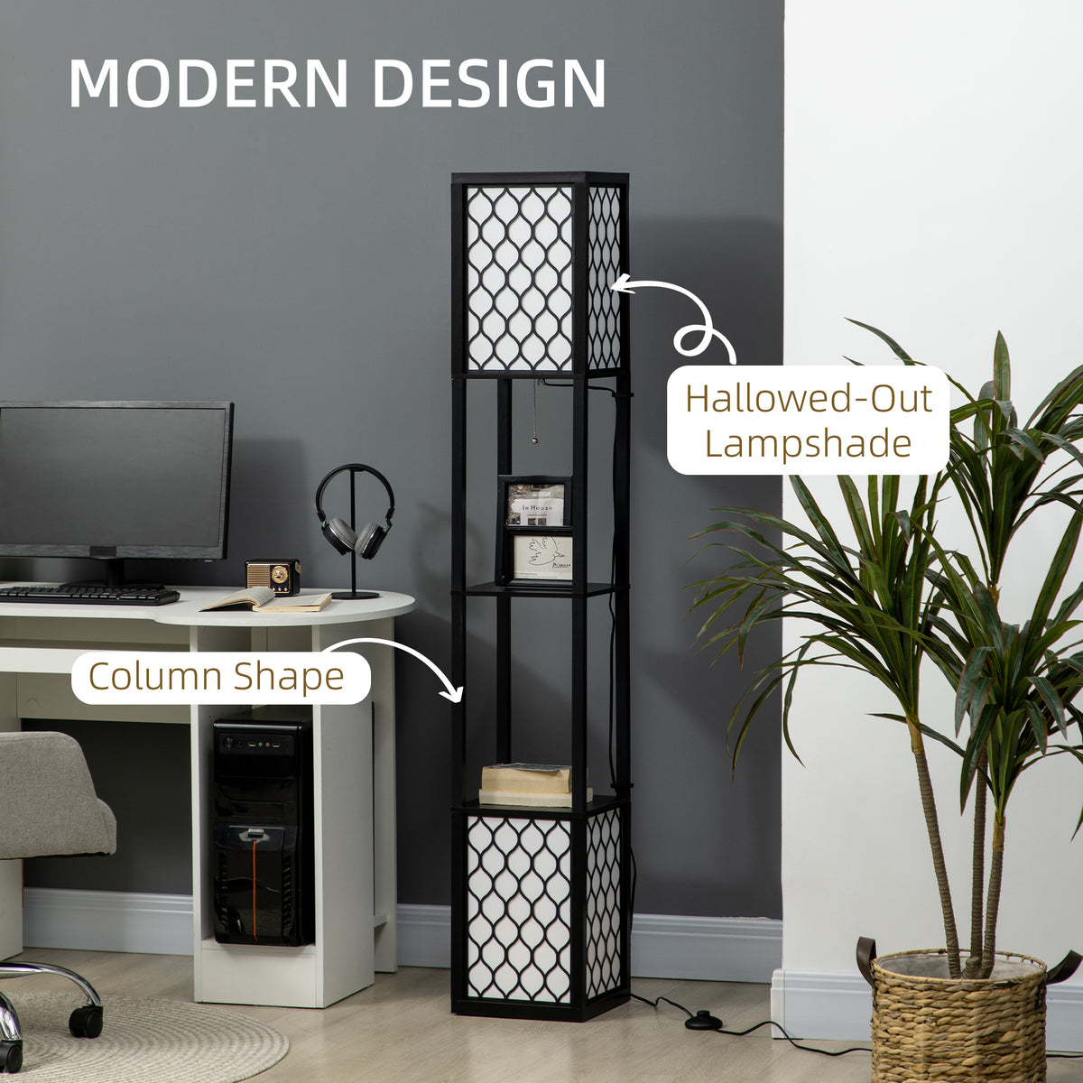 Floor Lamp with Shelves, Modern Tall Standing Lamps with Fabric Lampshade, Chain Switch and Dual Light for Living Room, Bedroom, Bulb not Included, Black