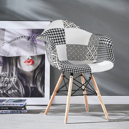 White Halo Dining Table & Set of 4 Black/White Patchwork Accent Chairs