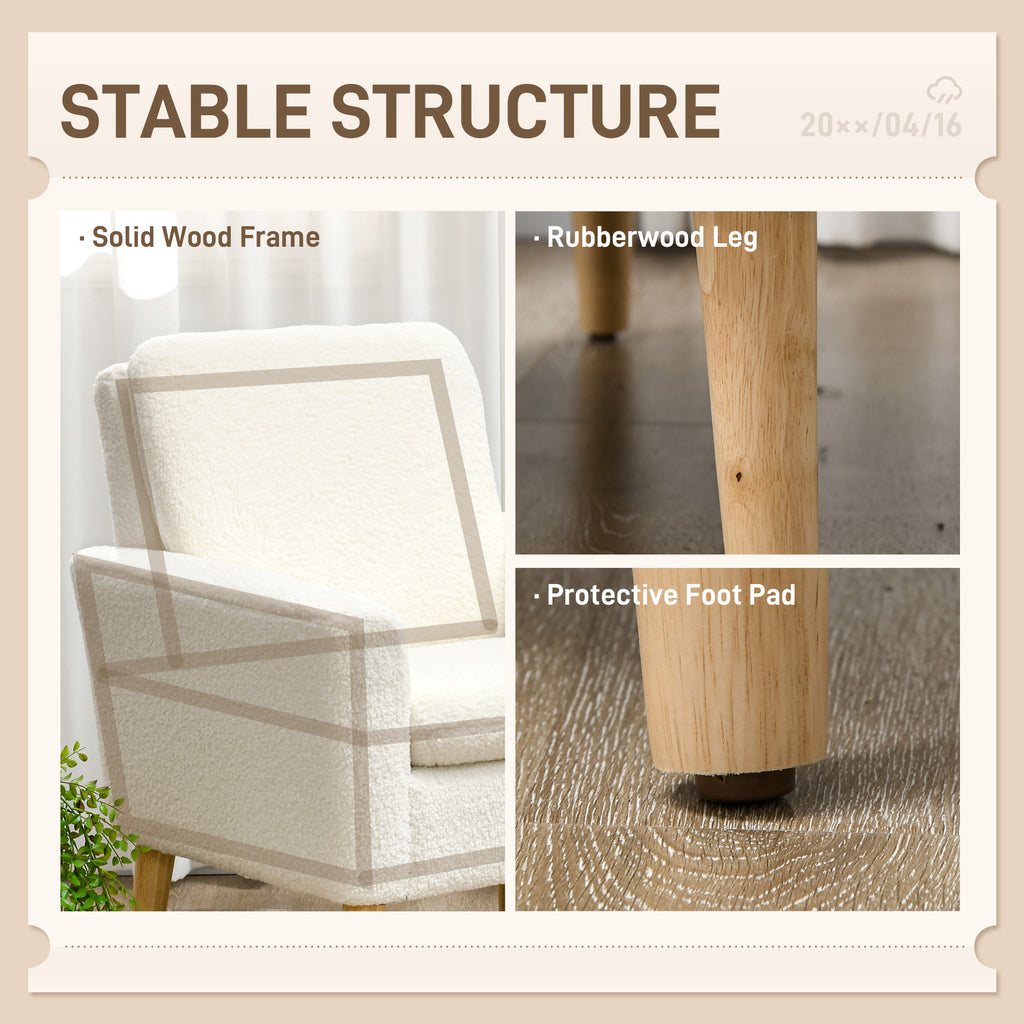 HOMCOM Armchair, Upholstered Accent Chair with Wood Legs and Wide Padded Seat, Teddy Occasional Chair, Cream White