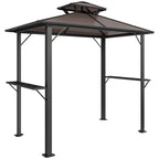 Outsunny 2.5 x 1.5 m Hardtop Grill Gazebo with Double Roof, Aluminium Outdoor BBQ Gazebo Shelter with 2 Side Shelves, Brown