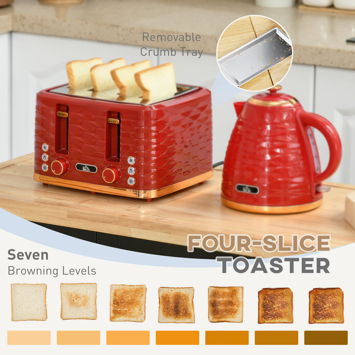 3000W 1.7L Rapid Boil Kettle & 4 Slice Toaster, Kettle and Toaster Set with 7 Browning Controls and Crumb Tray, Red