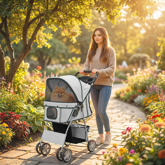 PawHut Dog Pram, Pet Stroller with Reflective Strips, Foldable Cat Stroller with 360° Swivel Wheels, Grey