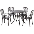 Outsunny 5 Pieces Garden Dining Set for 4, Cast Aluminium Outdoor Dining Set with 4 Armchairs and Round Dining Table with Parasol Hole, Garden Furniture Bistro Set, Brown