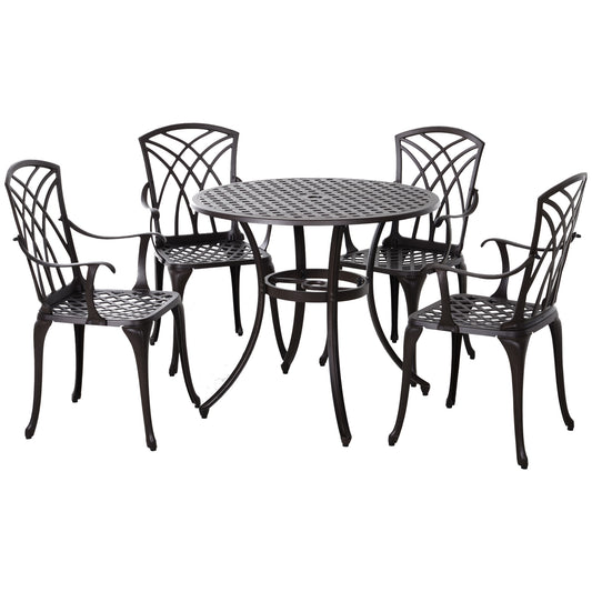 Outsunny 5 Pieces Garden Dining Set for 4, Cast Aluminium Outdoor Dining Set with 4 Armchairs and Round Dining Table with Parasol Hole, Garden Furniture Bistro Set, Brown