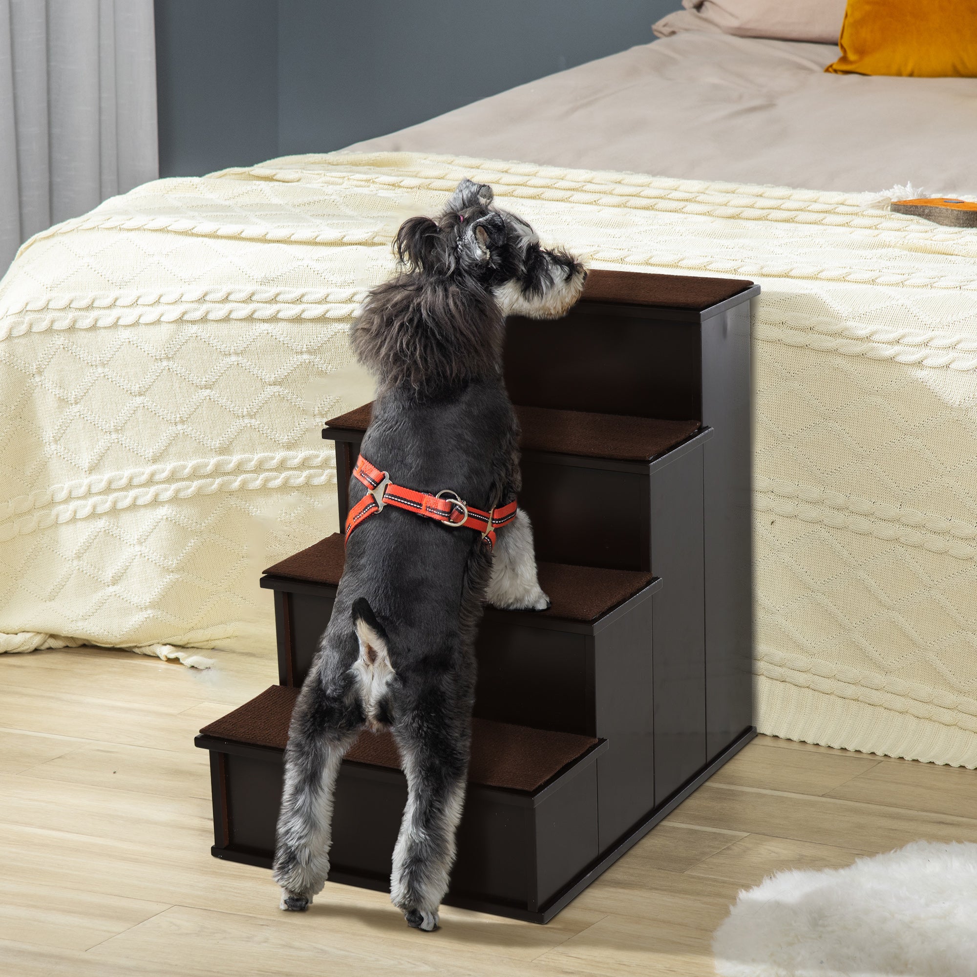 PawHut 4 Step Dog Steps for Bed, Wooden Dog Steps for Sofa, Pet Stairs for Bed Couch with Non-Slip Carpet for Cats and Puppies, 40 x 59 x 54.2 cm, Dark brown