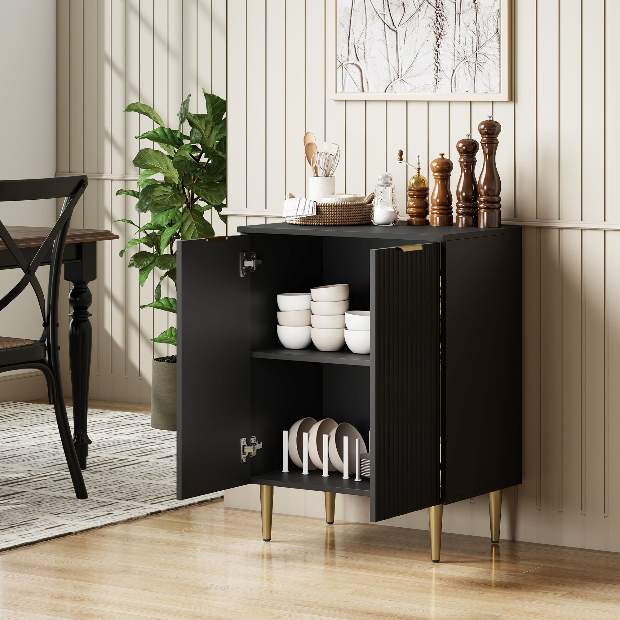 HOMCOM Sideboard Buffet Cabinet, Modern Kitchen Storage Cabinet with Adjustable Shelves and Metal Legs, Black
