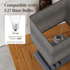 Bedside Lamp with USB A+C Charging Ports and 3 Phone Stands, Modern Table Lamp with Solid Wood Base and Fabric Shade for Bedroom Living Room Office, E27 Socket, Bulb Not Included, Grey