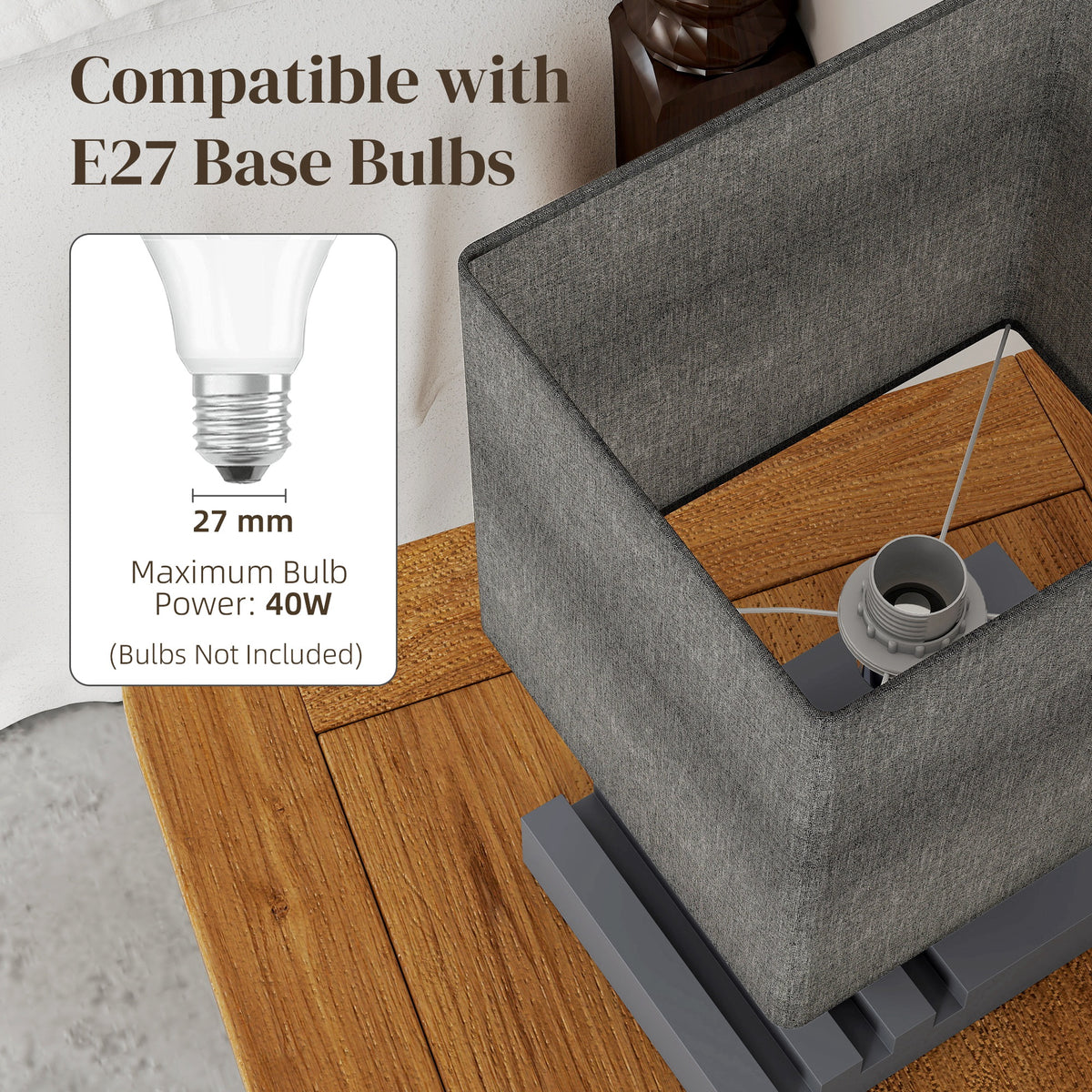 Bedside Lamp with USB A+C Charging Ports and 3 Phone Stands, Modern Table Lamp with Solid Wood Base and Fabric Shade for Bedroom Living Room Office, E27 Socket, Bulb Not Included, Grey