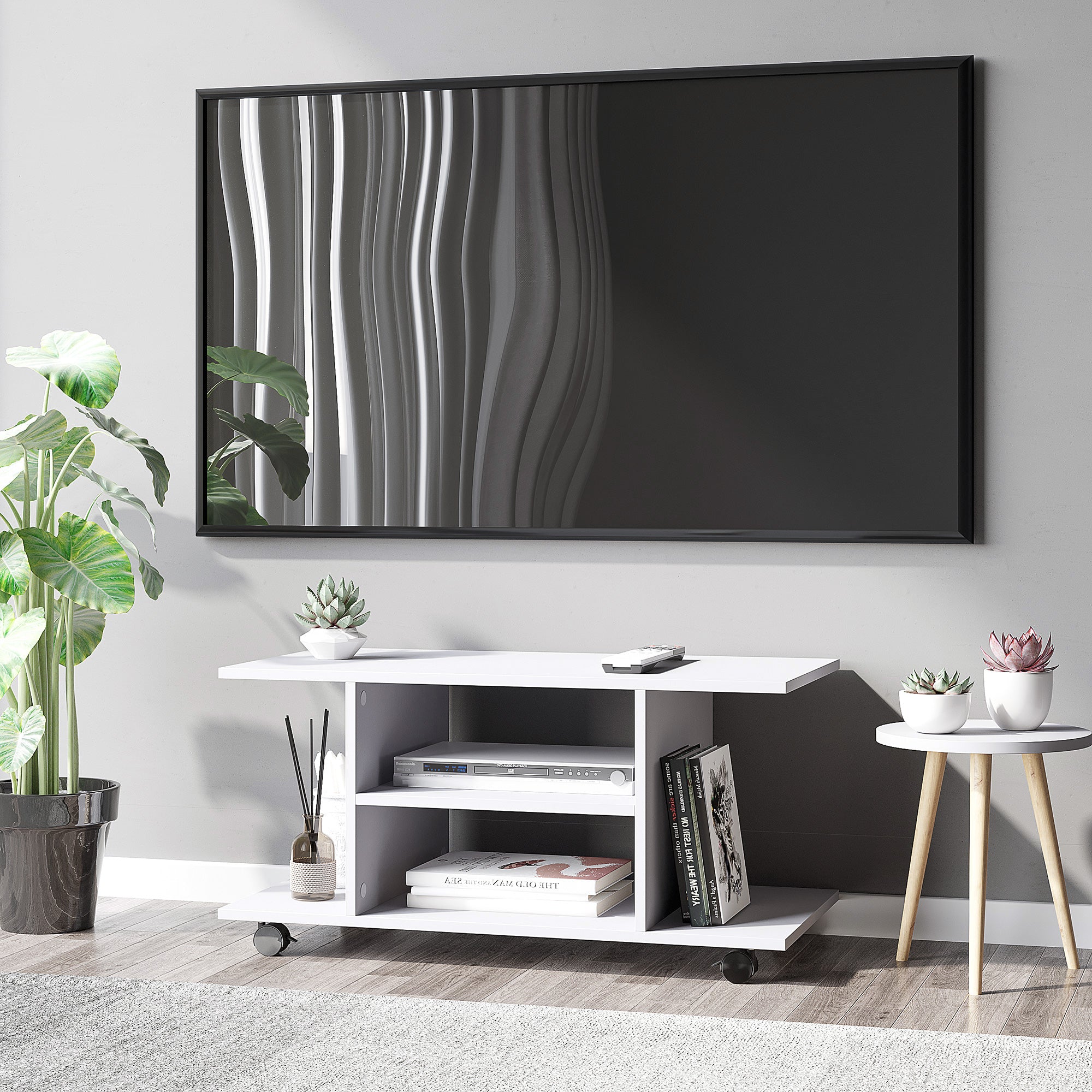 Modern TV Cabinet Stand Storage Shelves Table Mobile Bedroom Furniture Bookshelf Bookcase White