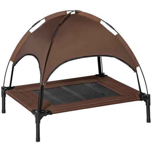 PawHut Outdoor Dog Bed with Removable Canopy, Portable Raised Dog Bed for Camping, Garden & Beach, Water-Resistant UV-Protection Mesh Pet Cot Sun Lounger, for Medium Pets, 76 x 61 x 73 cm, Brown