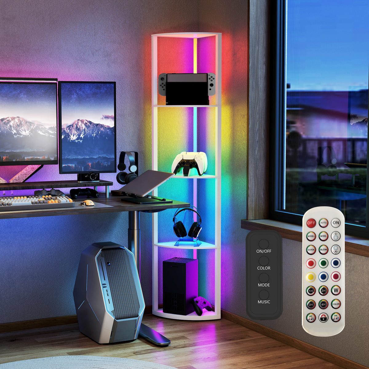 RGB LED Floor Lamp with Shelves, 5-Tier Dimmable Standing Lamp with Adjustable Brightness and Remote Control, Modern Corner Display Shelf Unit for Living Room Bedroom Office, White