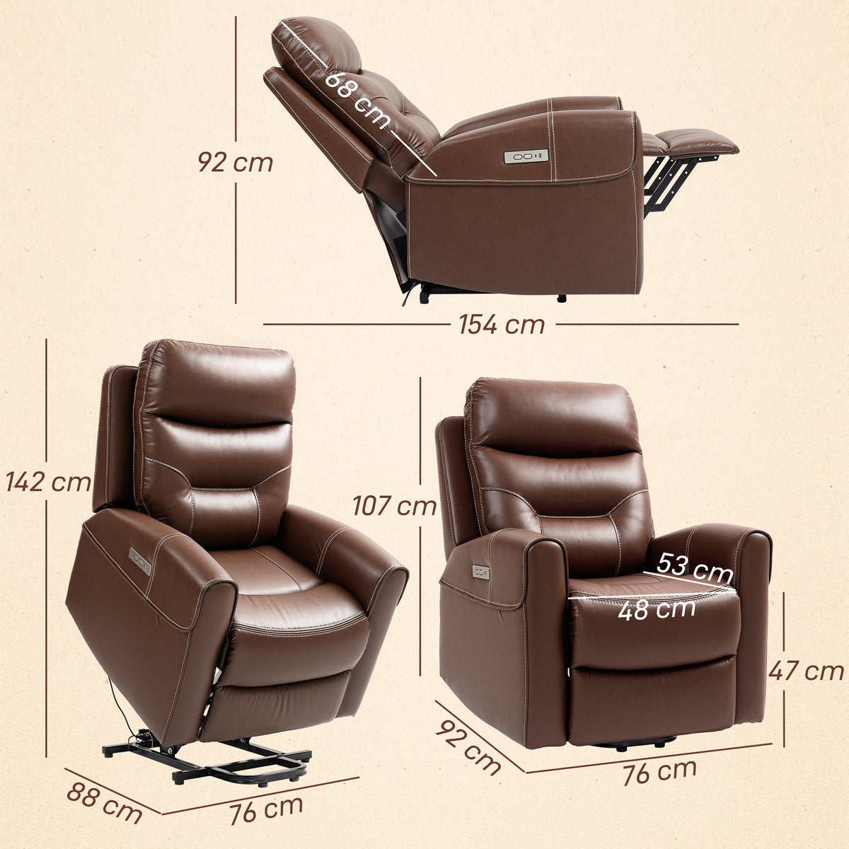 Power Lift Recliner Chair for Elderly, Overstuffed Faux Leather Riser and Reclining Chair with USB A+C Ports, Recliner Armchair for Living Room, Brown