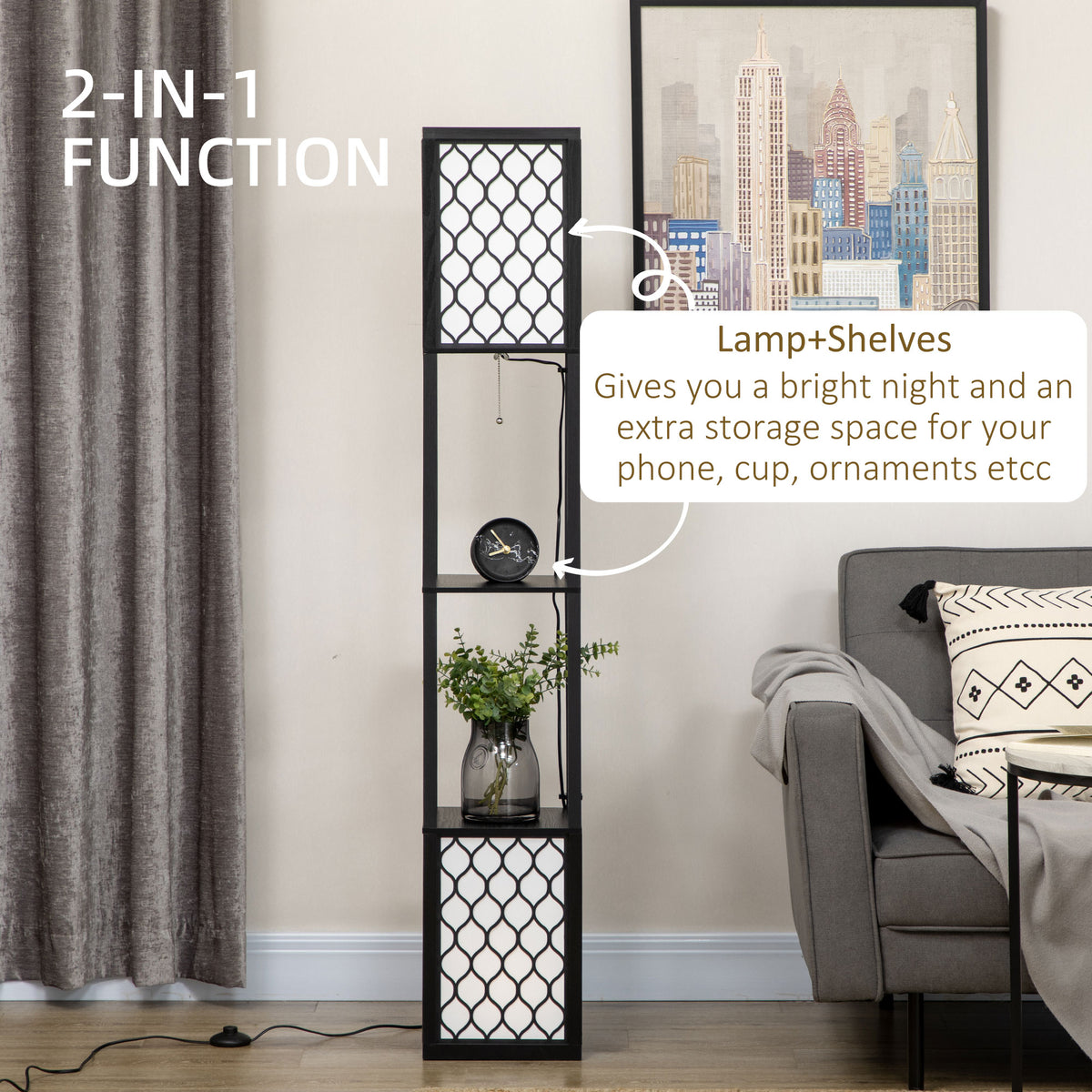 Floor Lamp with Shelves, Modern Tall Standing Lamps with Fabric Lampshade, Chain Switch and Dual Light for Living Room, Bedroom, Bulb not Included, Black