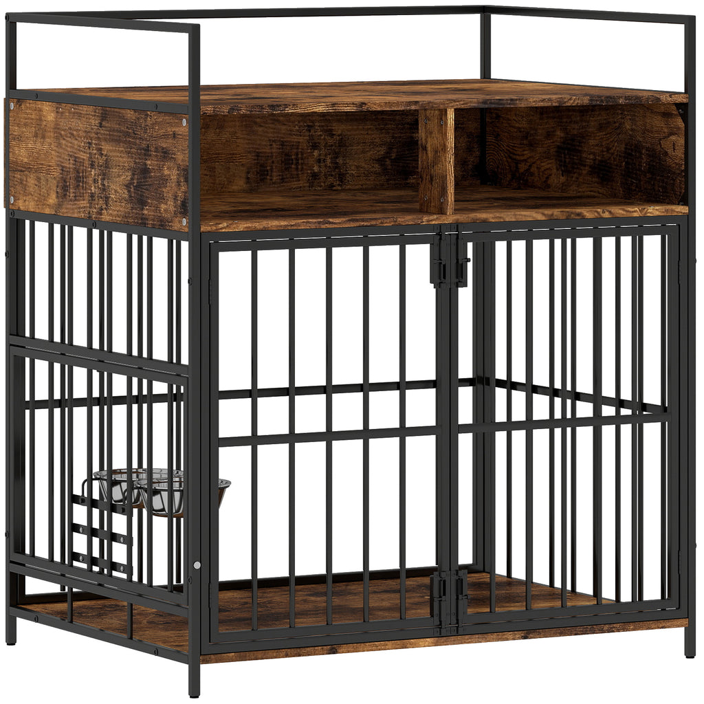 PawHut Dog Crate Furniture, Dog Cage with Rotatable Feeding Station and Storage Shelves, End Side Table Indoor Pet Kenne