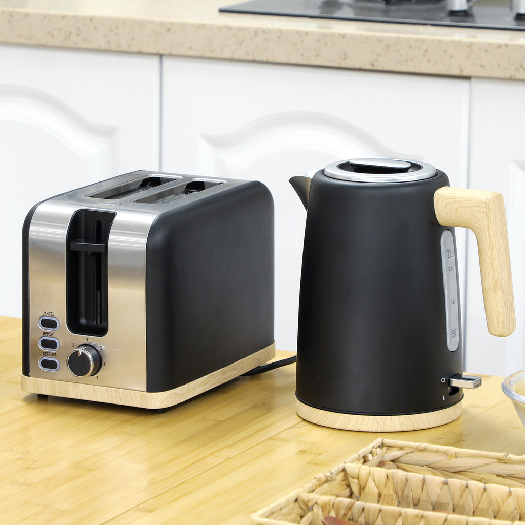 Stainless Steel Kettle and Toaster Set, 1.7L 3000W Fast Boil Kettle & 2 Slice Toaster Kitchen Set with 7 Level Browning Controls, Defrost, Reheat, Auto Off, Boil-dry Protection, Black